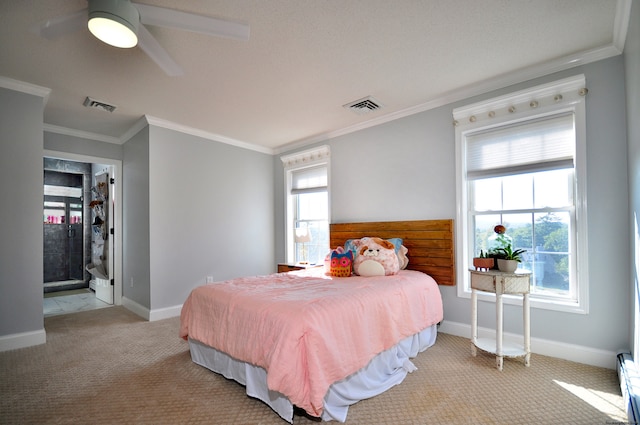 carpeted bedroom with ceiling fan, crown molding, and multiple windows