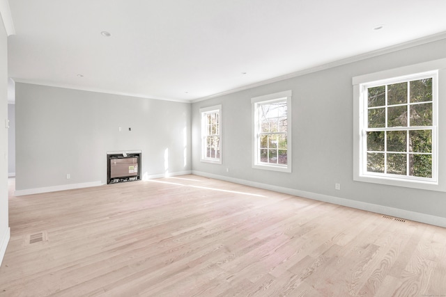 unfurnished living room featuring light hardwood / wood-style flooring, ornamental molding, and heating unit