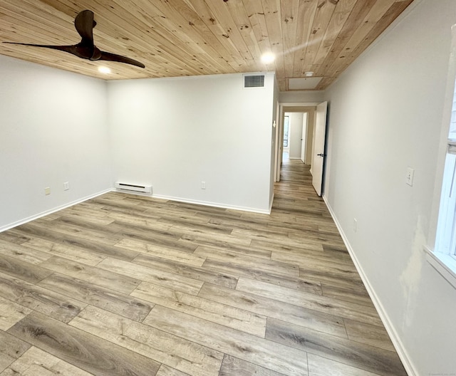 empty room featuring ceiling fan, visible vents, wood finished floors, wooden ceiling, and a baseboard heating unit
