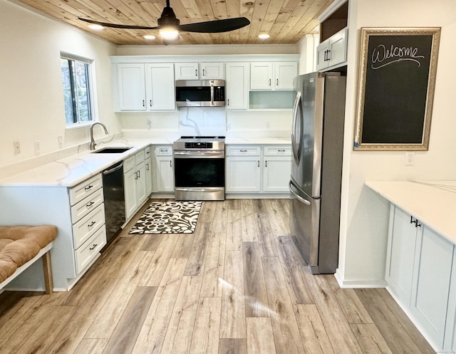 kitchen featuring light wood-style floors, white cabinets, wooden ceiling, a sink, and stainless steel appliances