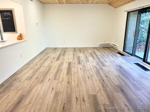 unfurnished room with wooden ceiling, plenty of natural light, and wood finished floors