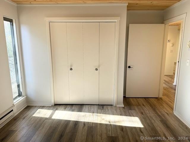 unfurnished bedroom featuring a baseboard heating unit, multiple windows, wood finished floors, and a closet