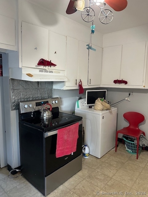 kitchen with white cabinets, washer / dryer, ceiling fan, and stainless steel electric range oven