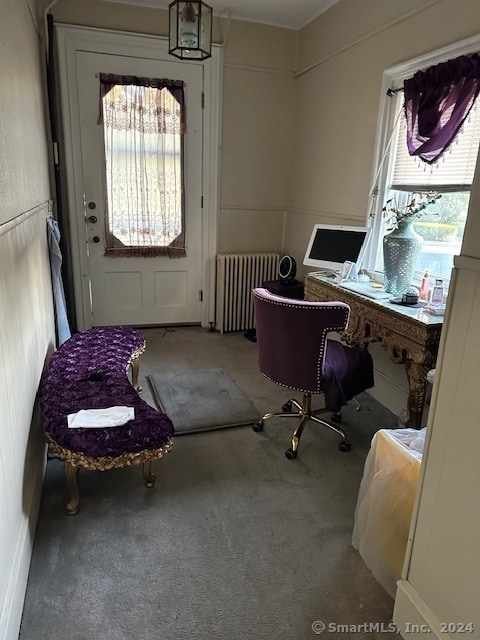 office area featuring radiator heating unit and carpet