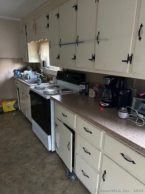 kitchen with white cabinetry, white electric stove, and sink