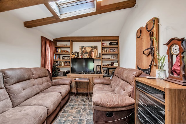 living room featuring lofted ceiling with skylight