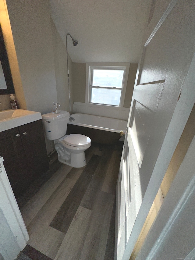 bathroom featuring wood-type flooring, vanity, toilet, and a bathtub