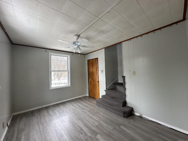 unfurnished room with light hardwood / wood-style flooring, ornamental molding, and ceiling fan