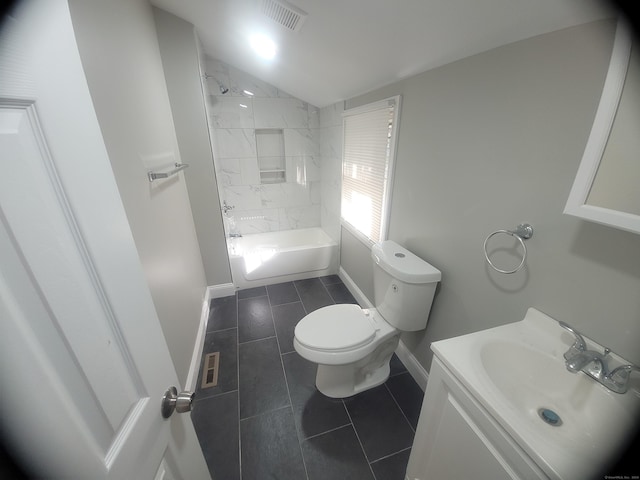 full bathroom with vanity, toilet, tiled shower / bath combo, and tile patterned flooring