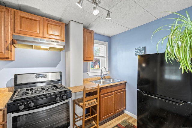 kitchen with light hardwood / wood-style floors, black fridge, sink, and stainless steel gas range