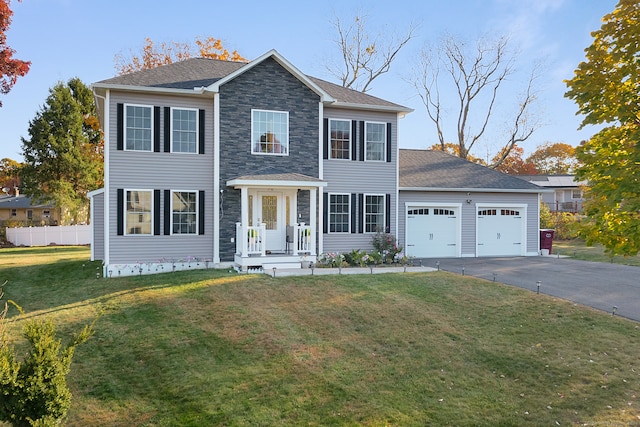 colonial home with a front yard and a garage