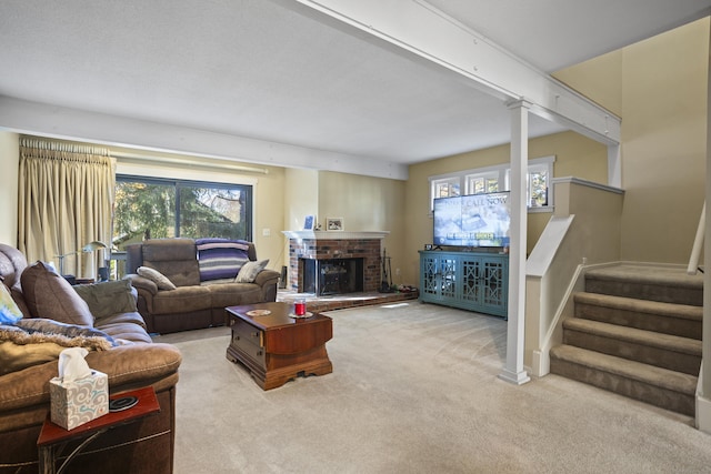 living room with light colored carpet and a brick fireplace