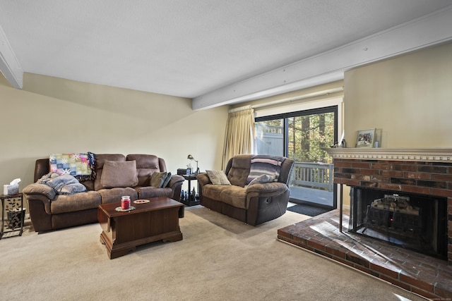 living room featuring light carpet and a brick fireplace