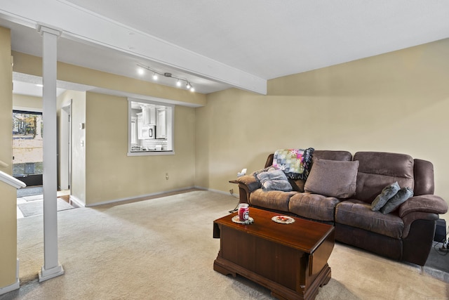 living room featuring light carpet