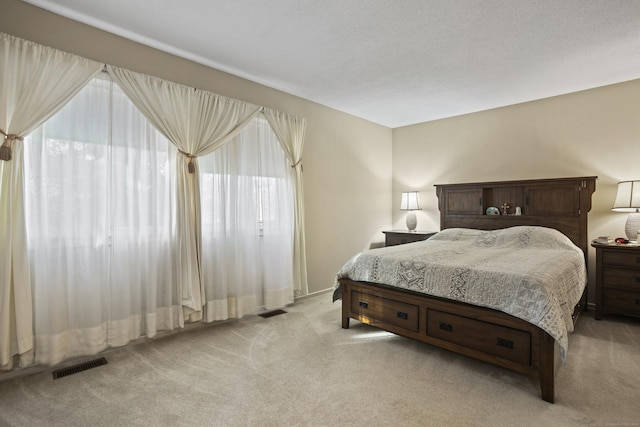 bedroom with multiple windows and light colored carpet