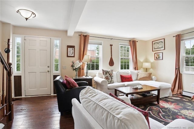 living room featuring dark hardwood / wood-style flooring, beamed ceiling, a healthy amount of sunlight, and a baseboard heating unit