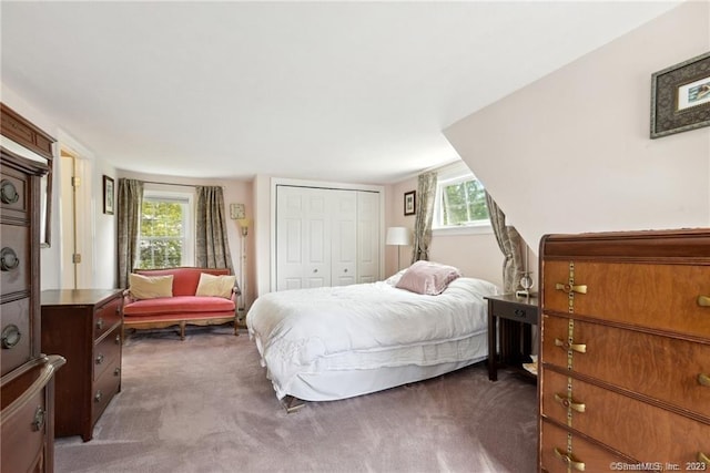 bedroom with multiple windows, a closet, and dark carpet