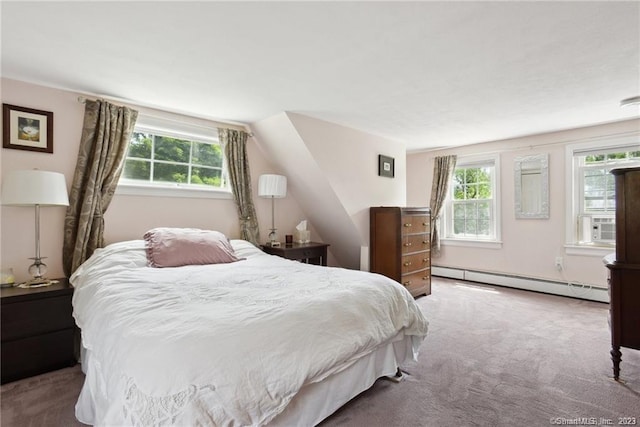 bedroom featuring cooling unit, carpet floors, and a baseboard heating unit