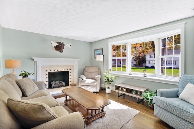 living area with wood finished floors and a tile fireplace