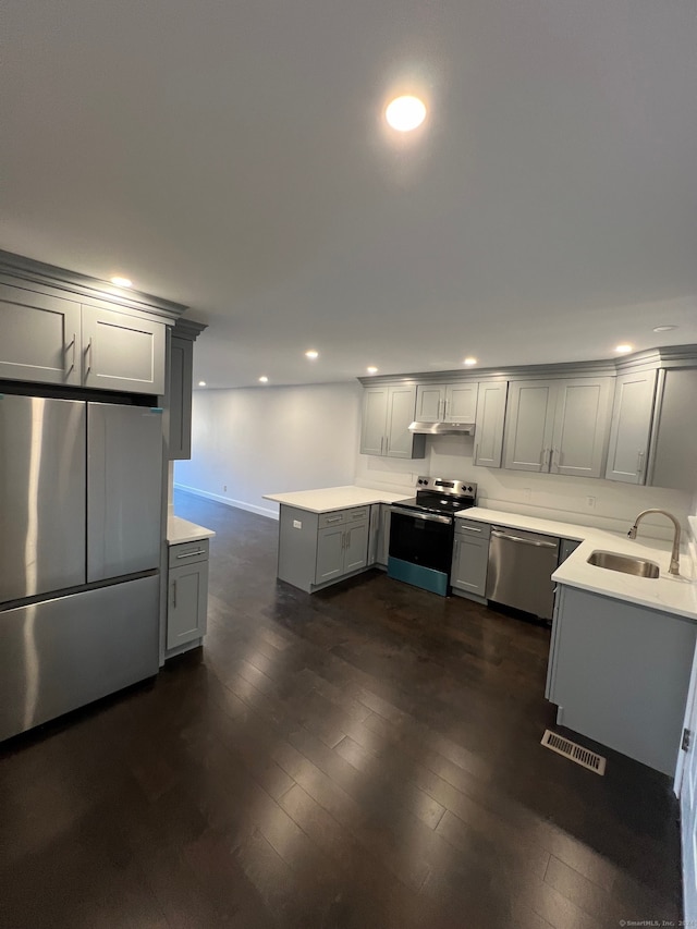 kitchen featuring dark wood-type flooring, kitchen peninsula, gray cabinetry, sink, and appliances with stainless steel finishes