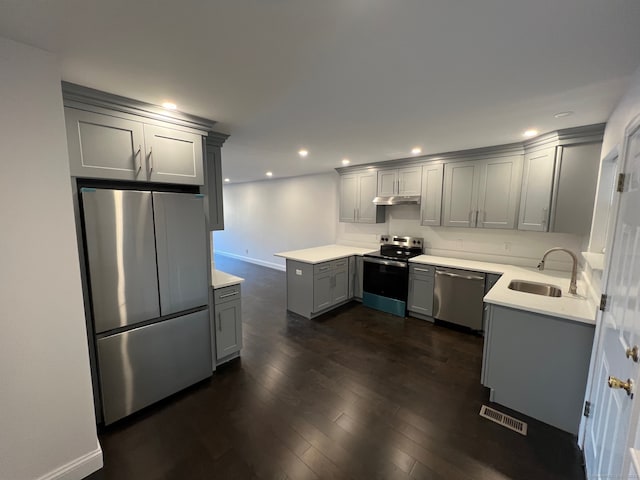 kitchen featuring appliances with stainless steel finishes, sink, kitchen peninsula, gray cabinets, and dark hardwood / wood-style floors