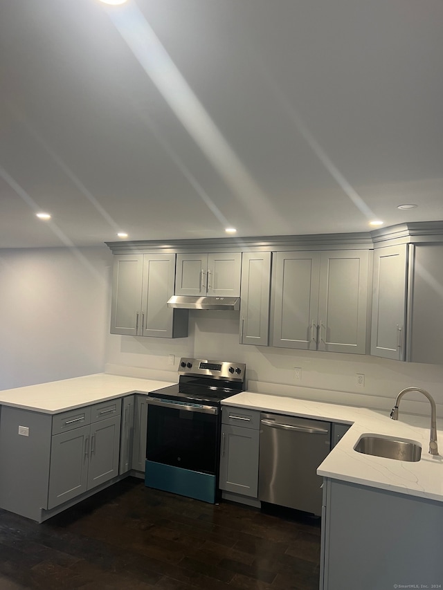 kitchen with gray cabinets, sink, appliances with stainless steel finishes, and dark hardwood / wood-style flooring