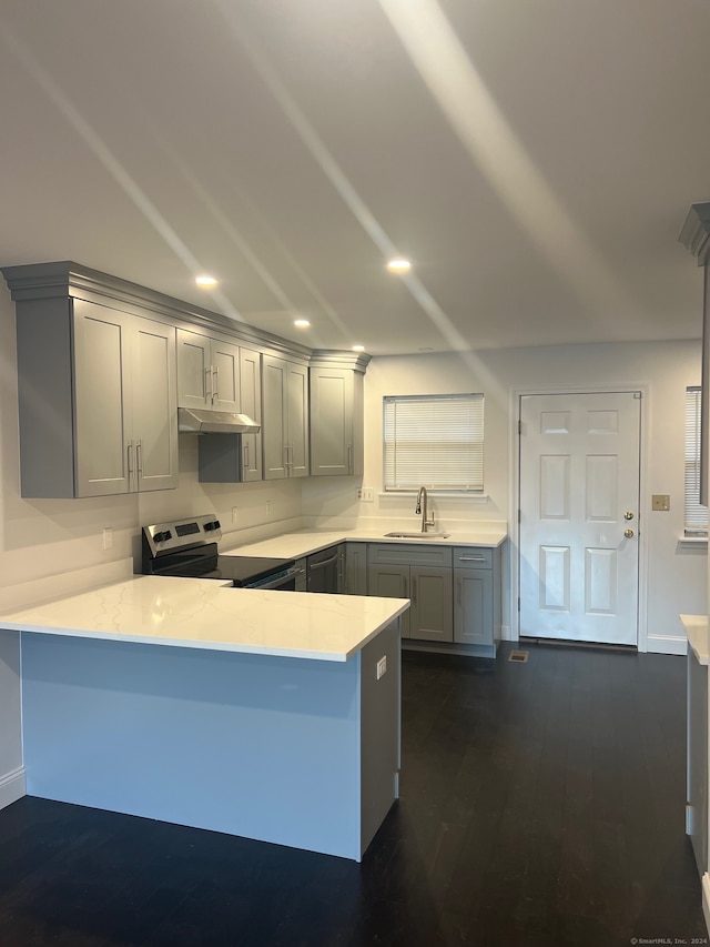 kitchen with gray cabinets, sink, stainless steel range with electric stovetop, and kitchen peninsula