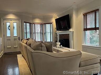 living room featuring ornamental molding and plenty of natural light