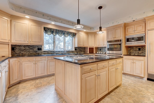 kitchen featuring tasteful backsplash, a kitchen island, appliances with stainless steel finishes, decorative light fixtures, and light brown cabinets