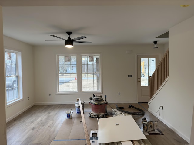 foyer entrance with hardwood / wood-style flooring, plenty of natural light, and ceiling fan