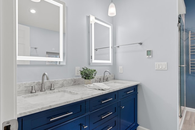 bathroom featuring hardwood / wood-style floors and vanity