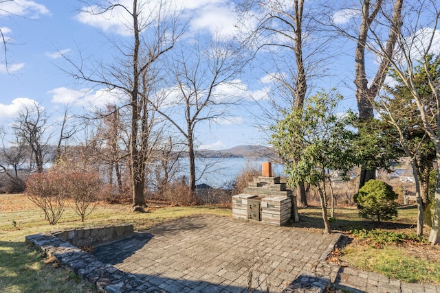 view of patio with a mountain view