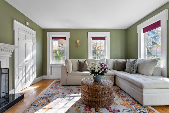 living room with a high end fireplace, light hardwood / wood-style floors, and plenty of natural light