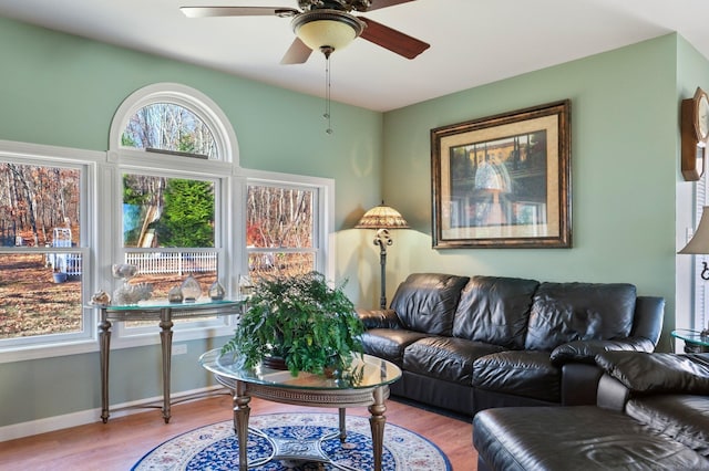 living room featuring ceiling fan and light hardwood / wood-style flooring