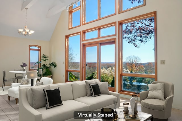 living room with beamed ceiling, high vaulted ceiling, light tile patterned floors, and a notable chandelier