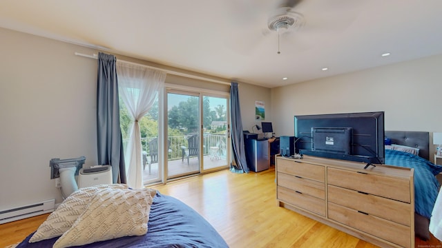 bedroom with ceiling fan, a baseboard radiator, light wood-style flooring, recessed lighting, and access to outside