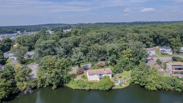 drone / aerial view featuring a water view and a view of trees