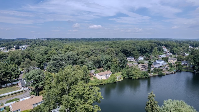 drone / aerial view featuring a water view and a wooded view