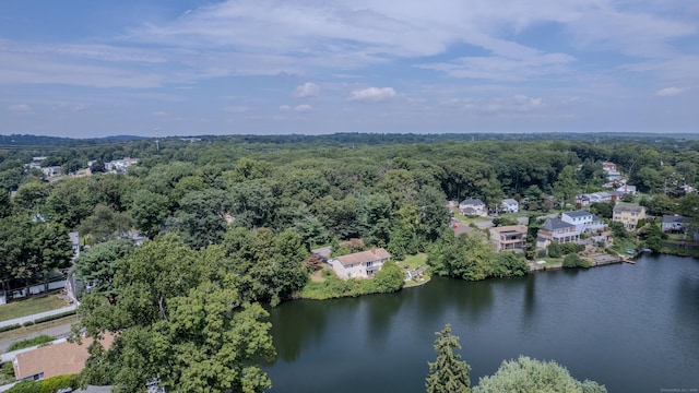 bird's eye view with a forest view and a water view