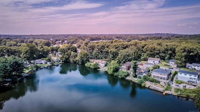 aerial view at dusk featuring a forest view and a water view