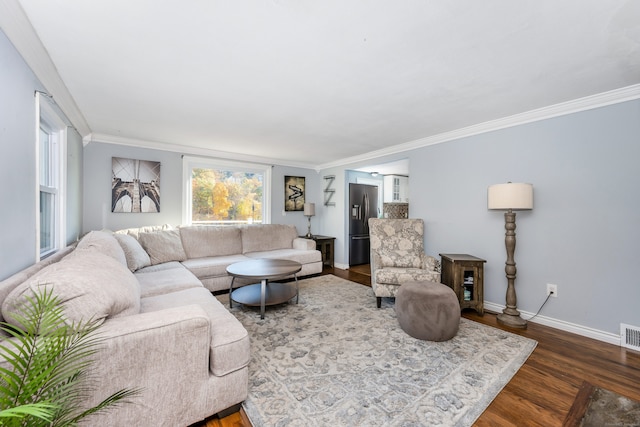 living room with crown molding and dark hardwood / wood-style flooring