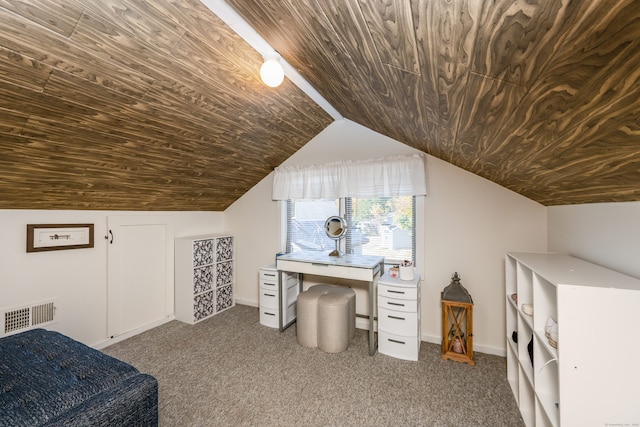 carpeted bedroom with vaulted ceiling and wooden ceiling