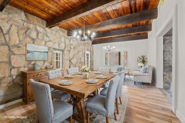 dining area featuring beam ceiling, an inviting chandelier, wooden ceiling, and light hardwood / wood-style flooring