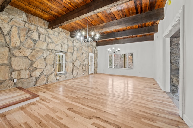 unfurnished living room with light hardwood / wood-style flooring, beam ceiling, a chandelier, and wooden ceiling