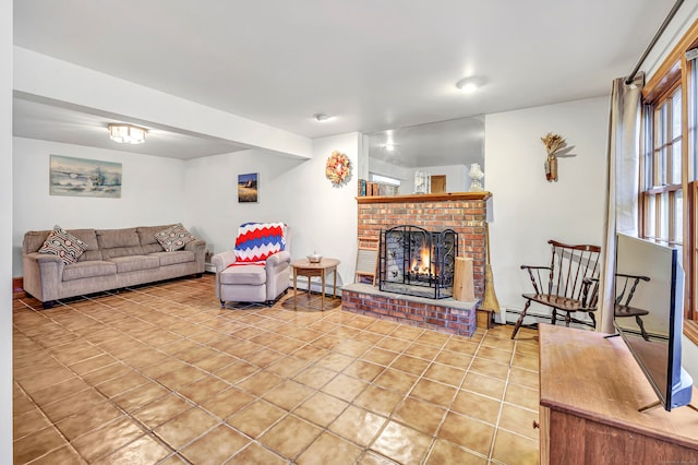 tiled living room featuring a baseboard radiator and a brick fireplace