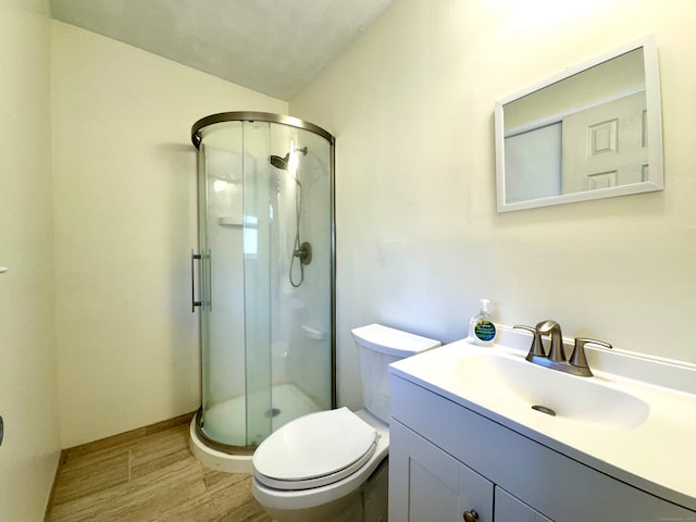 bathroom featuring vanity, wood-type flooring, a shower with shower door, and toilet