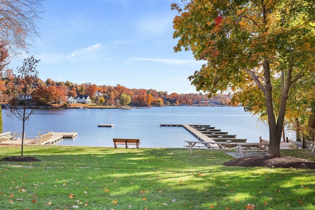 dock area featuring a water view and a yard