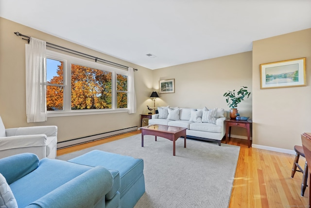 living room featuring light hardwood / wood-style flooring and a baseboard heating unit