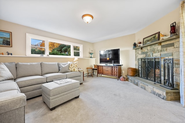 carpeted living room with a fireplace