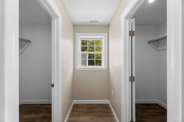 spacious closet featuring dark hardwood / wood-style floors